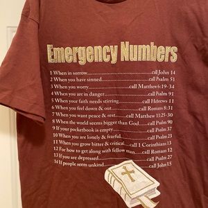 Emergency Numbers Novelty Bible Scripture T-Shirt